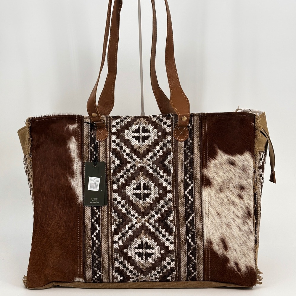 Myra Bag Elisa Weekender Bag Womens Large Brown Cowhide Canvas S-6202 Boho New